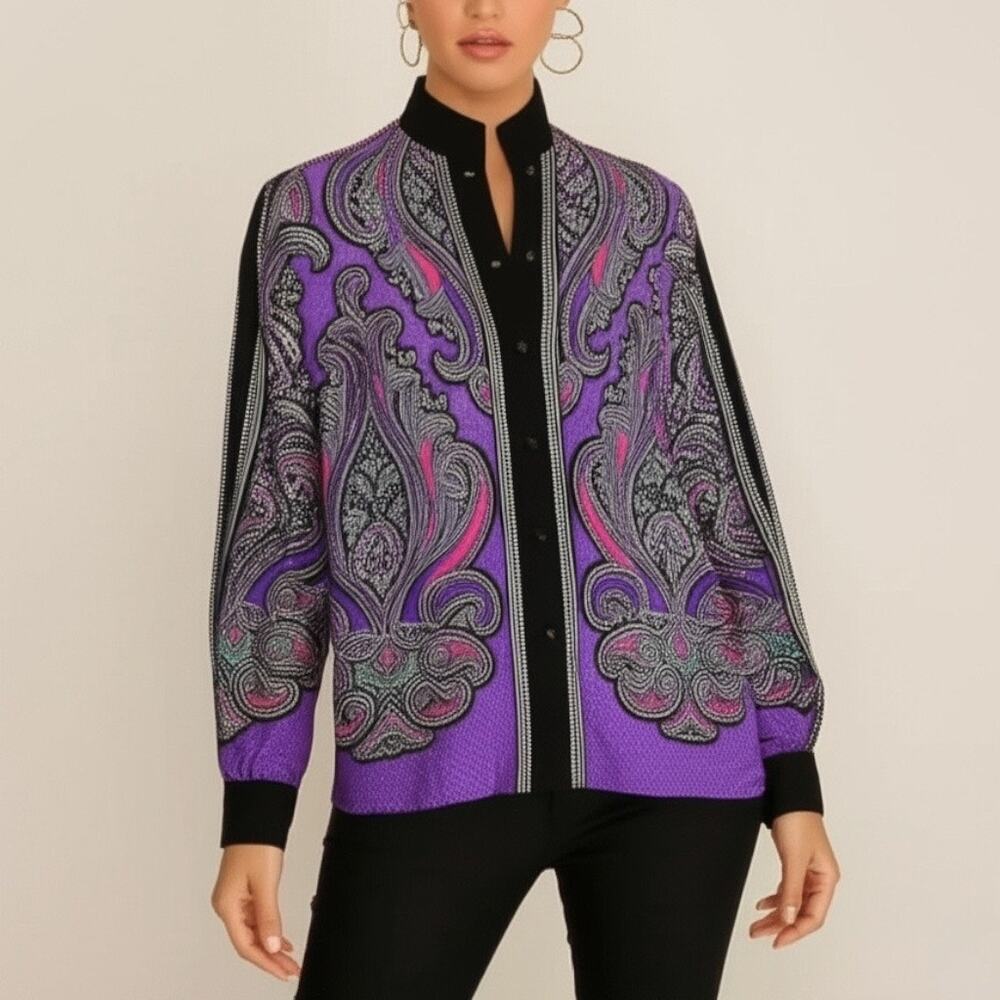 Bob Mackie Size S Long Sleeve Satin Paisley Blouse Purple Eclectic‎ Wearable Art